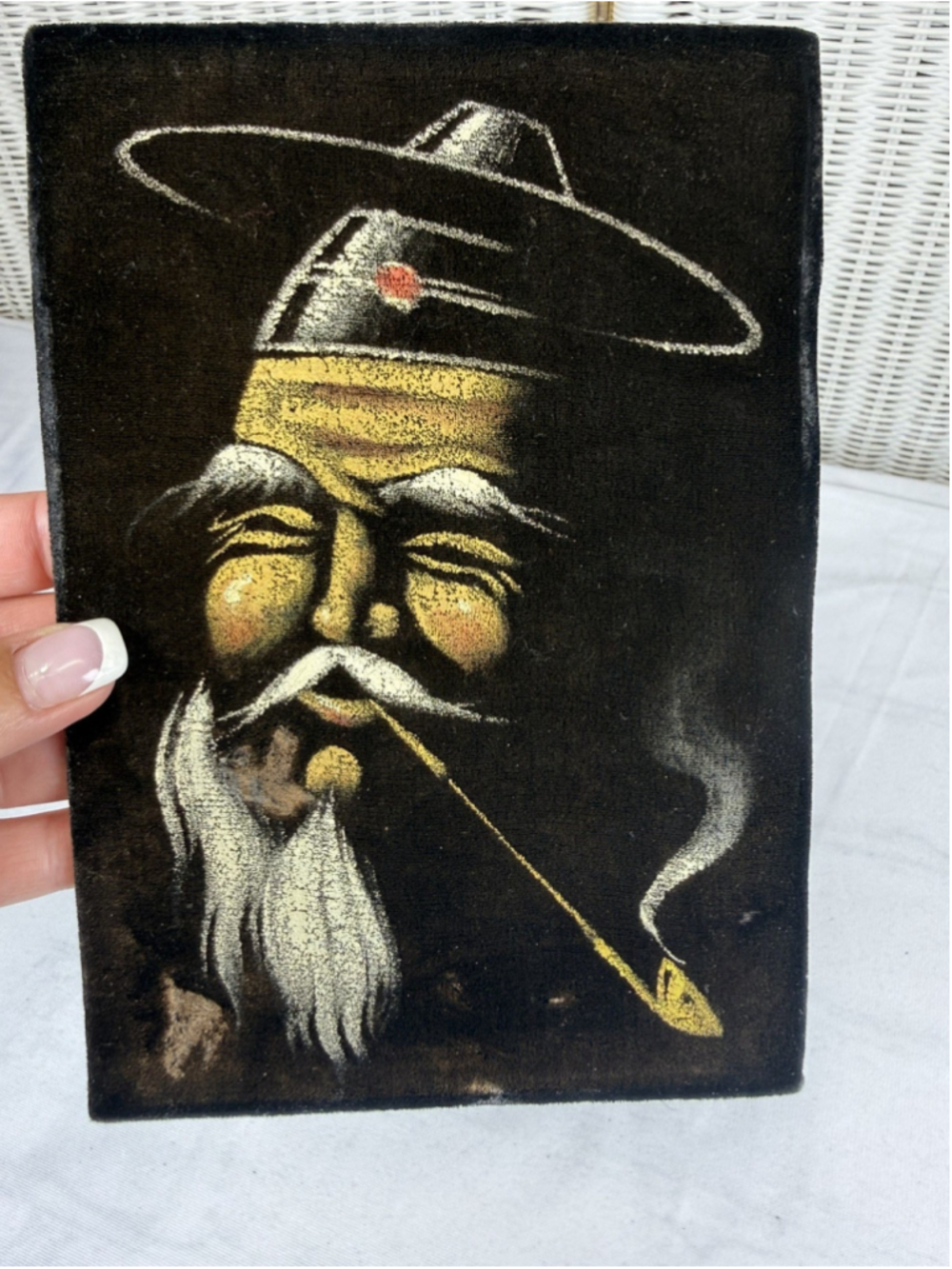 Vintage Black Velvet Painting Asian Old Man Smoking Pipe 5.5x8.5 Wall Art
